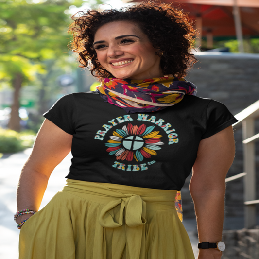 Women Short Sleeve Tshirt Groovy Camo Prayer Warrior Tribe