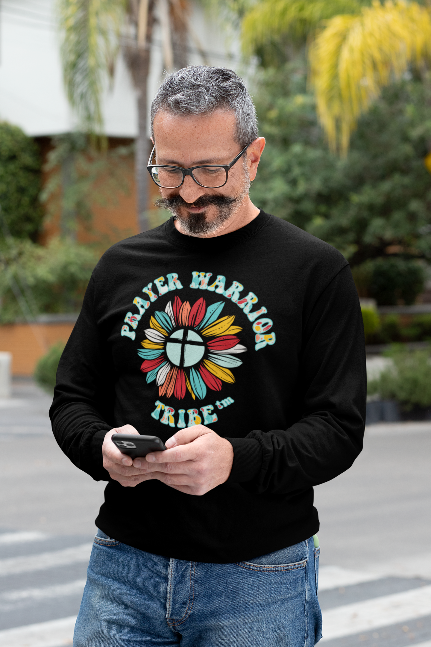 Men Long Sleeve Tshirt Groovy Camo Prayer Warrior Tribe