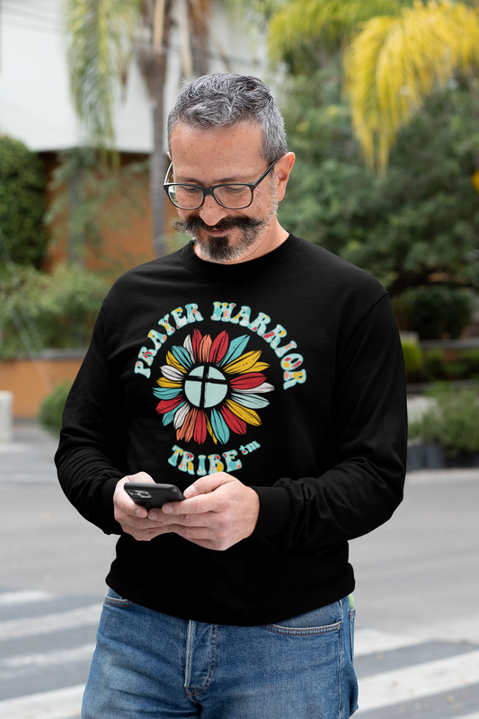 Men Long Sleeve Tshirt Groovy Camo Prayer Warrior Tribe