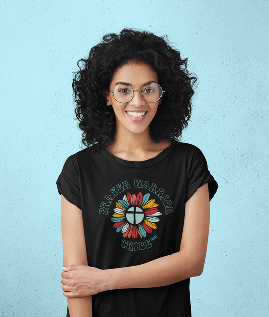 Women Short Sleeve Tshirt Groovy Outline Prayer Warrior Tribe